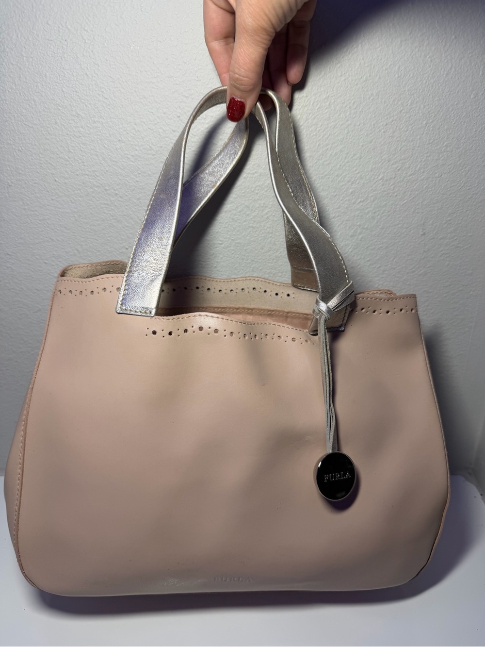 Furla Blush Pink Leather Shoulder Tote with Silver Handles